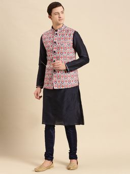 Sanwara - Mens Printed Solid Art Silk Multi Color Jacket and Kurta (Set of 3)