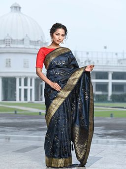 Beatitude - Blue Banarasi Satin Silk Woven Saree with Unstitched Blouse