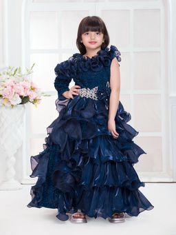 Tiny Kingdom - Navy Blue One Shoulder Floral Stone Designed Gown