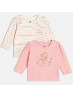 MINI KLUB - Cotton Floral Printed and Striped Knit Top (Pack Of 2)