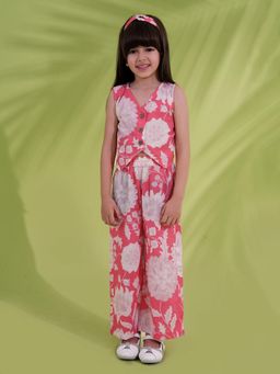 AJ Dezines - Pink Cotton Floral Printed Girls Co-Ord Set with Hairband