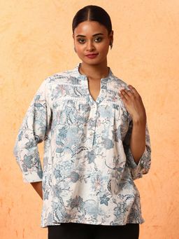 Jaipur Kurti - Grey Floral Printed A-Line Pure Cotton Top