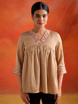 Jaipur Kurti - Beige Resham Embroidered Gathered Top