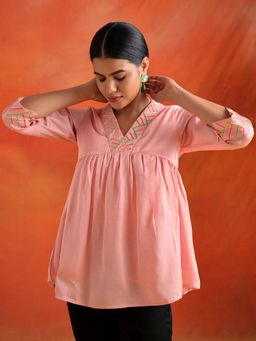 Jaipur Kurti - Pink Resham Embroidered Gathered Top