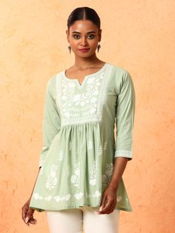 Jaipur Kurti - Green Embroidered A-Line Pure Cotton Top