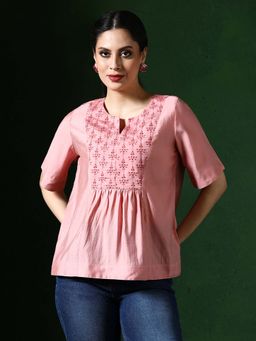 Jaipur Kurti - Peach Floral Embroidered A-Line Silk Blend Top