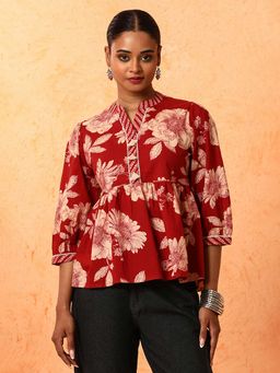 Jaipur Kurti - Red Printed A-Line Pure Cotton Top