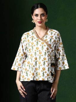 Jaipur Kurti - White Floral Embroidered A-Line Pure Cotton Top