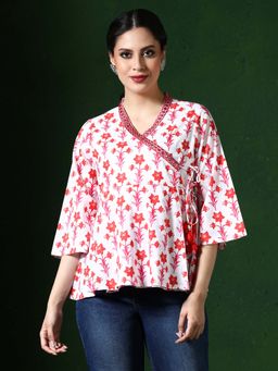 Jaipur Kurti - Red Floral Embroidered A-Line Pure Cotton Top