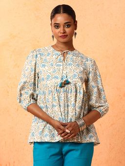 Jaipur Kurti - Blue Floral Printed A-Line Pure Cotton Top