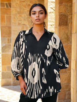 Dora Dori - Black Ikkat Print Collared Neck Top