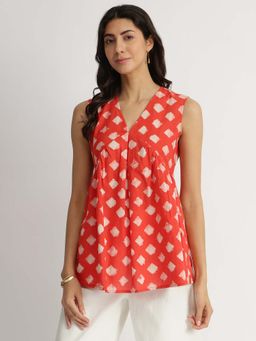 Pink Fort - Peach Cotton Dabu Geometric Print Top