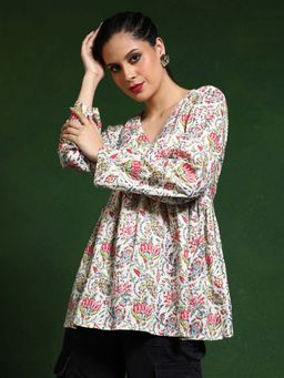 Jaipur Kurti - White Floral Printed A-Line Top