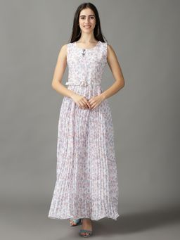 SHOWOFF - Womens Round Neck Maxi White Floral Dress