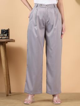 KOTTY - Women Grey Polyester Blend Solid High Waist Trouser