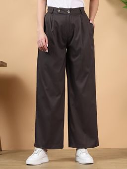 KOTTY - Women Brown Polyester Blend Solid High Waist Trouser