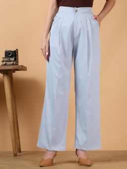 KOTTY - Women Blue Cotton Blend Solid High Waist Trouser
