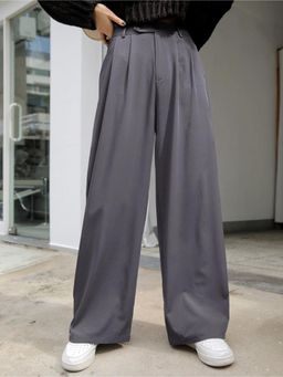 KOTTY - Women Grey Polyester Blend Solid High Waist Trouser