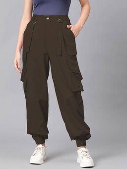 KOTTY - Women Brown Cotton Blend Solid High Waist Joggers