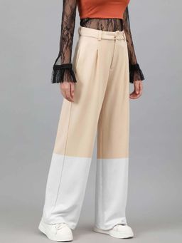 KOTTY - Women Cream Polyester Blend Colorblock High Waist Trouser