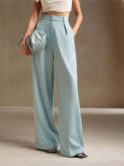 KOTTY - Women Blue Polyester Blend Solid High Waist Trouser