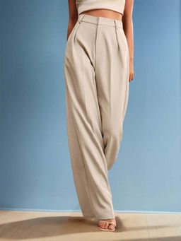 KOTTY - Women Beige Polyester Blend Solid High Waist Trouser