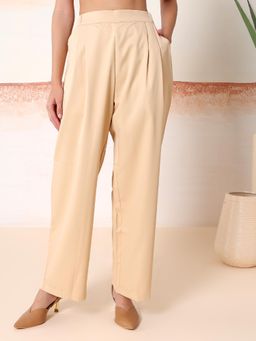 KOTTY - Women Beige Polyester Blend Solid High Waist Trouser