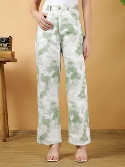 KOTTY - Women Green Cotton Blend Printed High Waist Trouser