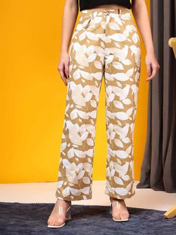 KOTTY - Women Brown Cotton Blend Printed High Waist Trouser