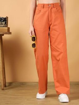 KOTTY - Women Orange Polyester Blend Solid High Waist Trouser