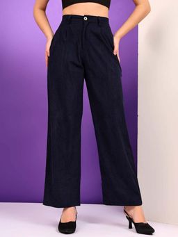 KOTTY - Women Navy Blue Cotton Blend Solid High Waist Trouser