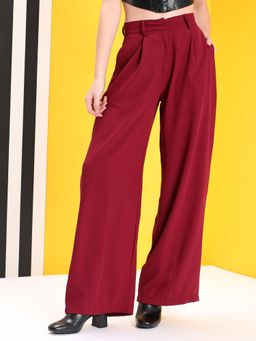 KOTTY - Women Red Polyester Blend Solid High Waist Trouser