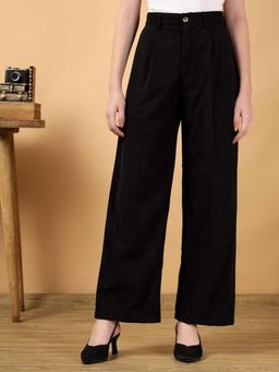 KOTTY - Women Black Cotton Blend Solid High Waist Trouser