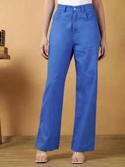 KOTTY - Women Blue Polyester Blend Solid High Waist Trouser