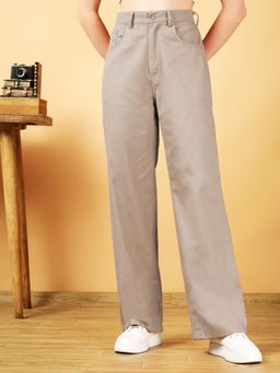 KOTTY - Women Beige Polyester Blend Solid High Waist Trouser