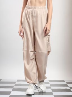 KOTTY - Women Beige Polyester Blend Solid High Waist Parachute Pant
