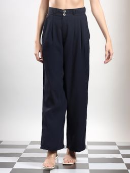 KOTTY - Women Black Polyester Blend Solid High Waist Trouser