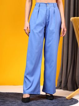 KOTTY - Women Blue Polyester Blend Solid High Waist Trouser