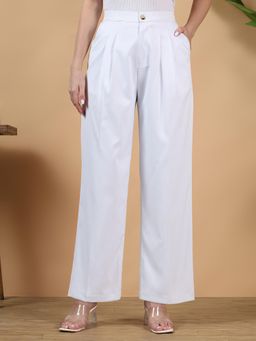KOTTY - Women White Polyester Blend Solid High Waist Trouser