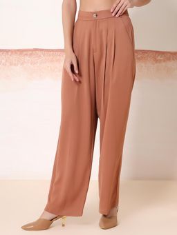 KOTTY - Women Peach Polyester Blend Solid High Waist Trouser