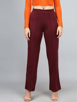 KOTTY - Women Maroon Polyester Blend Solid High Waist Trouser