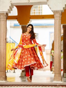 GAYRAA - Red Cotton Floral Print Anarkali Kurta with Pant and Dupatta (Set of 3)