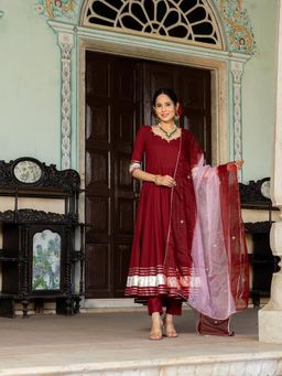 GAYRAA - Maroon Cotton Solid Gota Patti Anarkali Kurta with Pant and Dupatta (Set of 3)