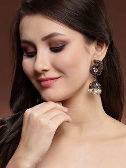 PANASH - Antique Copper Plated Kundan and Pearls Peacock Shape Jhumka Earrings