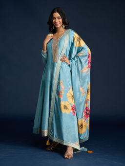 Gajra Gang - Aqua Embroidered Anarkali Kurta with Floral Dupatta Diwalicious (Set of 2)