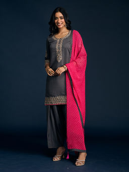 Gajra Gang - Grey Chanderi Embellished Kurta Farshi Salwar & Dupatta Nani's Almari (Set of 3)