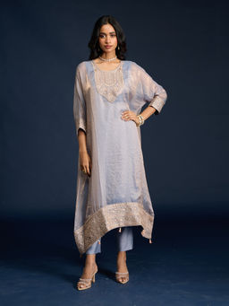 Gajra Gang - Blue Tissue Embroidered Kaftan with Slip & Pant Diwalicious (Set of 2)