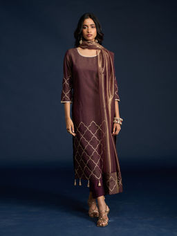 Gajra Gang - Plum Silk Shimmer Kurta, Pant & Dupatta Diwalicious (Set of 3)