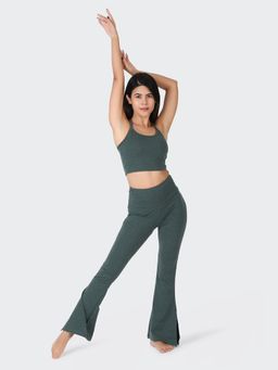 Kica - Set: Melange Cotton Poly Blend Top & Flared Pants With Slits - Green