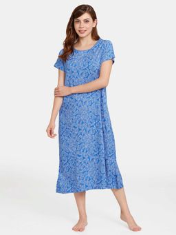 Zivame - Rosaline Eternal Bloom Woven Mid Length Nightdress - Strong Blue